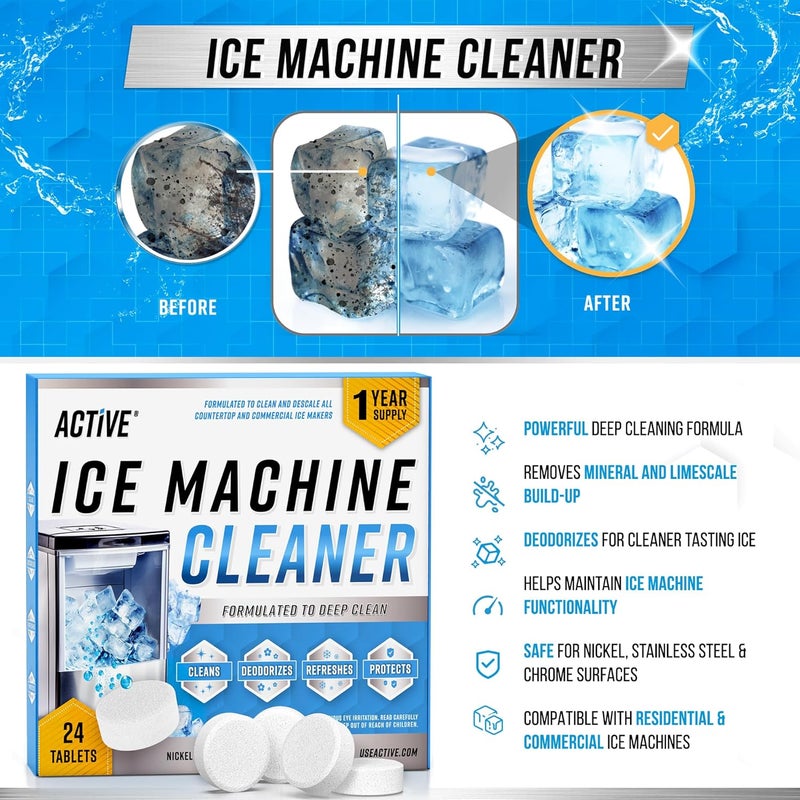 Active Ice Machine Cleaner Maker Descaler - 24 Clean Tablets Compatible with Frigidaire, Opal, GE Profile, Kitchenaid, Nickel Safe Scale Remover for Countertop, Nugget Ice Makers - Bulk 1 Year Supply - Image 2