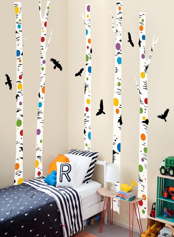 Supzone Birch Tree Wall Decals 5 White Aspen Trees with Polka Dots and Birds Wall Stickers Peel and Stick for Kids Bedroom Living Room Kitchen Sofa TV Backdrop - Image 3