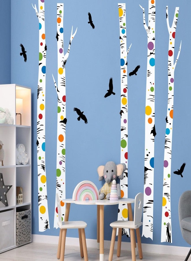Supzone Birch Tree Wall Decals 5 White Aspen Trees with Polka Dots and Birds Wall Stickers Peel and Stick for Kids Bedroom Living Room Kitchen Sofa TV Backdrop - Image 1