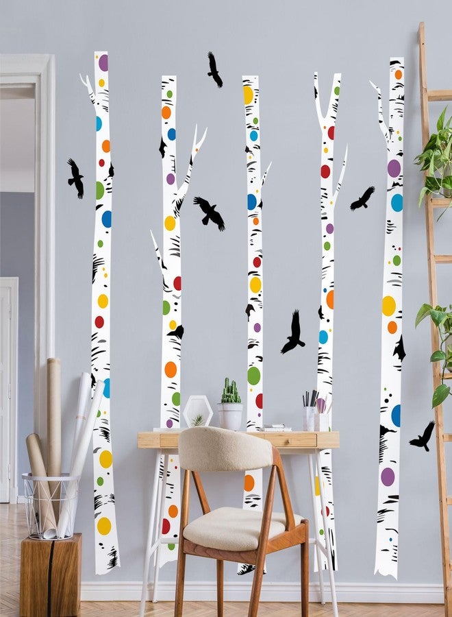Supzone Birch Tree Wall Decals 5 White Aspen Trees with Polka Dots and Birds Wall Stickers Peel and Stick for Kids Bedroom Living Room Kitchen Sofa TV Backdrop - Image 2