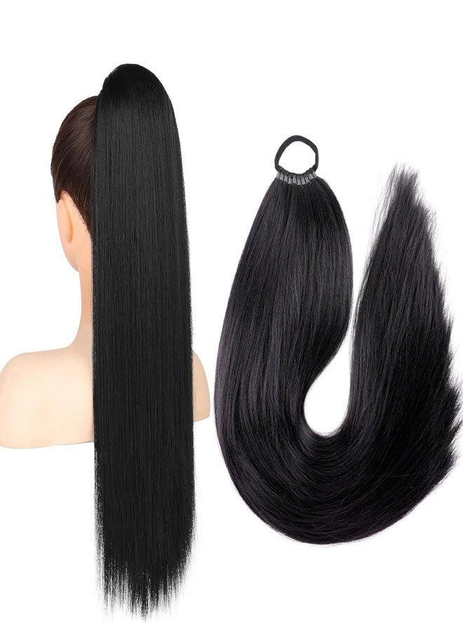 وهاواي 60cm Long Ponytail Extension, Warp Around Pony Tail with Elastic Band, Synthetic Straight Braiding Hair Ponytail DIY Braided for Women Girls Black Hairpieces - Image 1