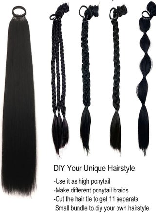 60cm Long Ponytail Extension, Warp Around Pony Tail with Elastic Band, Synthetic Straight Braiding Hair Ponytail DIY Braided for Women Girls Black Hairpieces - view 4