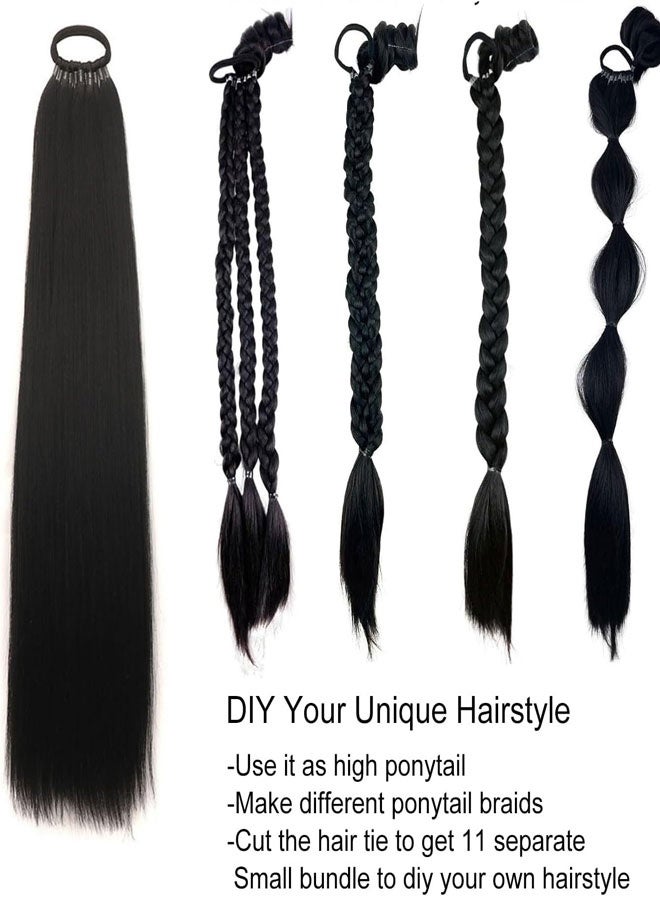 وهاواي 60cm Long Ponytail Extension, Warp Around Pony Tail with Elastic Band, Synthetic Straight Braiding Hair Ponytail DIY Braided for Women Girls Black Hairpieces - Image 4