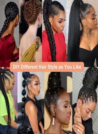 60cm Long Ponytail Extension, Warp Around Pony Tail with Elastic Band, Synthetic Straight Braiding Hair Ponytail DIY Braided for Women Girls Black Hairpieces - view 5