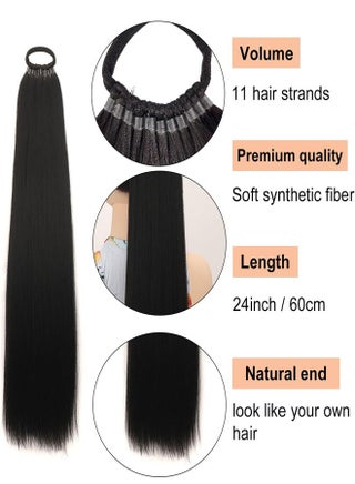 60cm Long Ponytail Extension, Warp Around Pony Tail with Elastic Band, Synthetic Straight Braiding Hair Ponytail DIY Braided for Women Girls Black Hairpieces - view 2