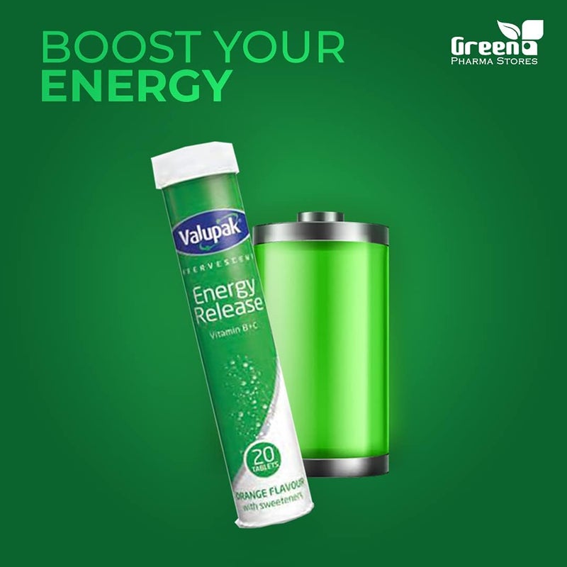 Valupak Energy Release Effervescent Tablets with Vitamin C and B Complex - Orange Flavour (20 Tablets) - Image 3