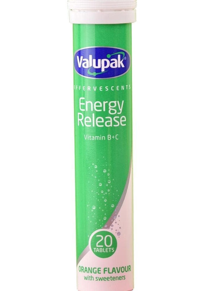 Valupak Energy Release Effervescent Tablets with Vitamin C and B Complex - Orange Flavour (20 Tablets) - Image 1