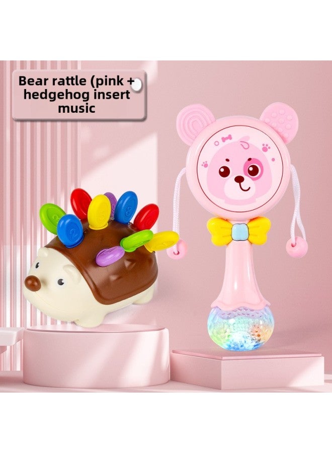 Baby Rattle Can Chew 3-6 Three Months Newborn Baby Hand Drum Music Stick Rattle Toy 0-1 Years Old-Color:Bear Rattle  + Hedgehog Plug Music - Image 1