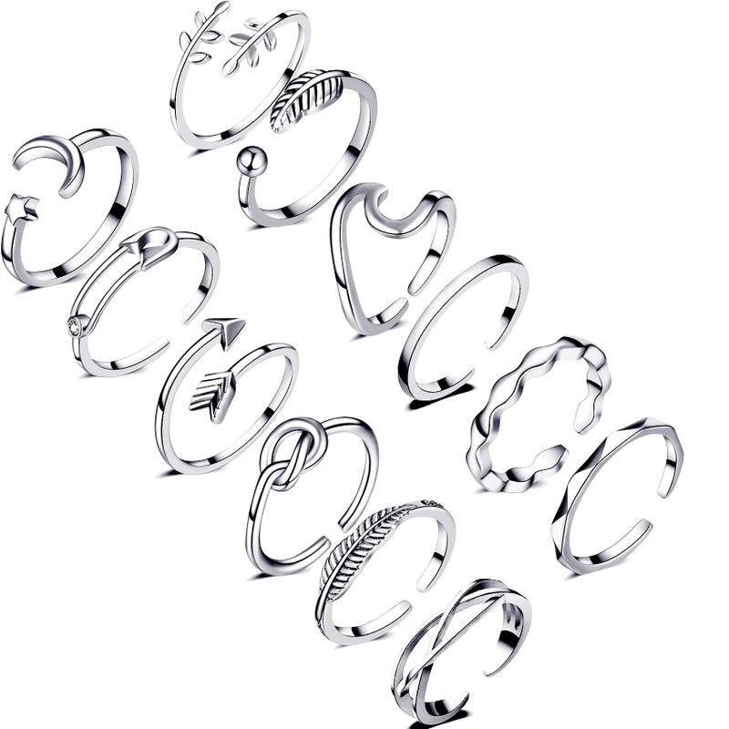 Honsny 12PCS Silver Plated Rings Adjustable Open Rings for Women Cute Stackable Thumb Rings Joint Chain Midi FingerArrow Knot Wave Band Rings Set - Image 1