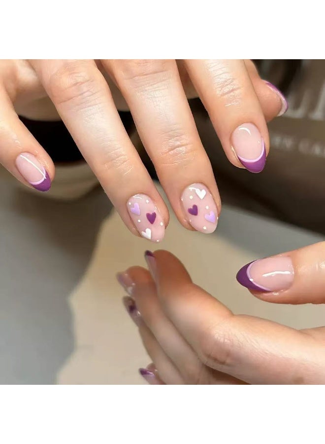 جوسكوين 24 قطعة من الأظافر الصناعية، تصميم أظافر فرنسي لعيد الحب بإصدار محدود مع قلوب أرجوانية وتصميم بخطوط بارزة، أظافر أكريليك مع مجموعة لاصقة. - Image 1