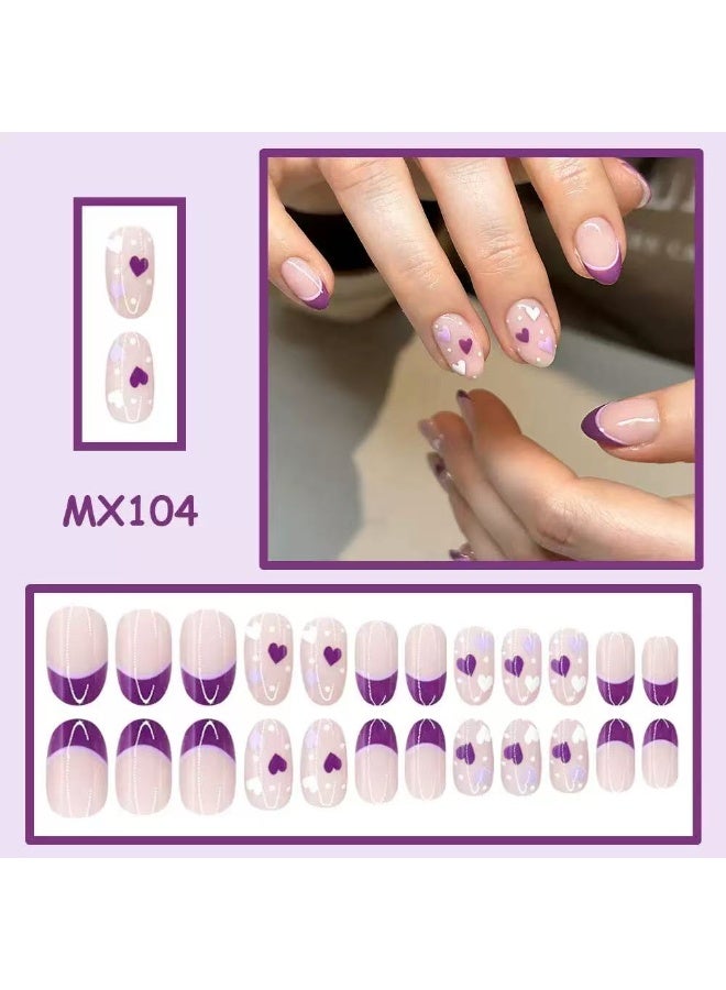 جوسكوين 24 قطعة من الأظافر الصناعية، تصميم أظافر فرنسي لعيد الحب بإصدار محدود مع قلوب أرجوانية وتصميم بخطوط بارزة، أظافر أكريليك مع مجموعة لاصقة. - Image 2