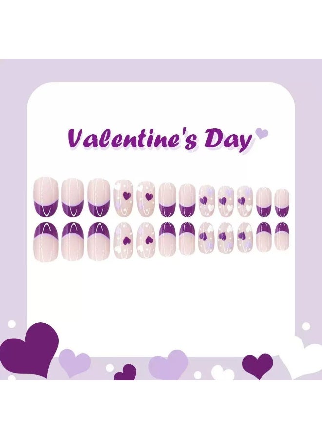 جوسكوين 24 قطعة من الأظافر الصناعية، تصميم أظافر فرنسي لعيد الحب بإصدار محدود مع قلوب أرجوانية وتصميم بخطوط بارزة، أظافر أكريليك مع مجموعة لاصقة. - Image 5
