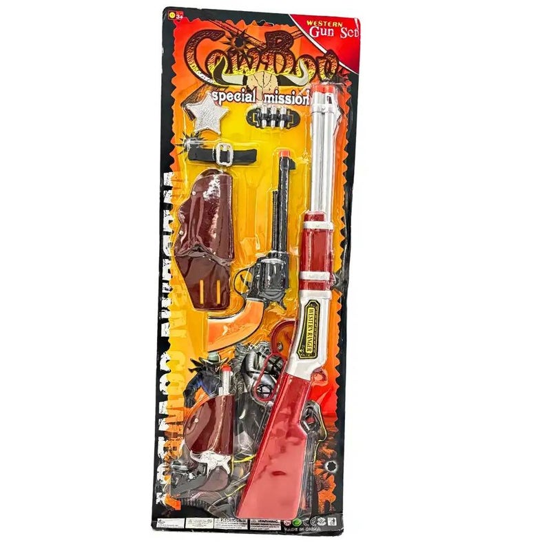 Western Toy Gun Play Set For Kids Cowboy Sheriff Cap Blaster With Bullets- 7pcs Set