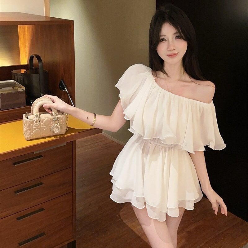 French Sweet Style Off-Shoulder Ruffle Chiffon Short Dress Women Summer A-Line High Waist - Image 1