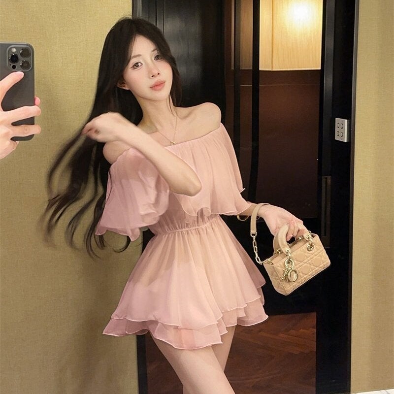 French Sweet Style Off-Shoulder Ruffle Chiffon Short Dress Women Summer A-Line High Waist - Image 4
