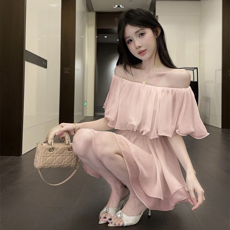 French Sweet Style Off-Shoulder Ruffle Chiffon Short Dress Women Summer A-Line High Waist - Image 3