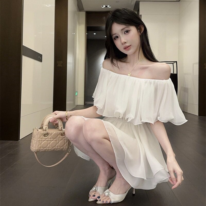 French Sweet Style Off-Shoulder Ruffle Chiffon Short Dress Women Summer A-Line High Waist - Image 2