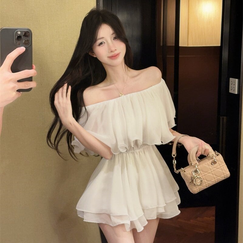 French Sweet Style Off-Shoulder Ruffle Chiffon Short Dress Women Summer A-Line High Waist - Image 5