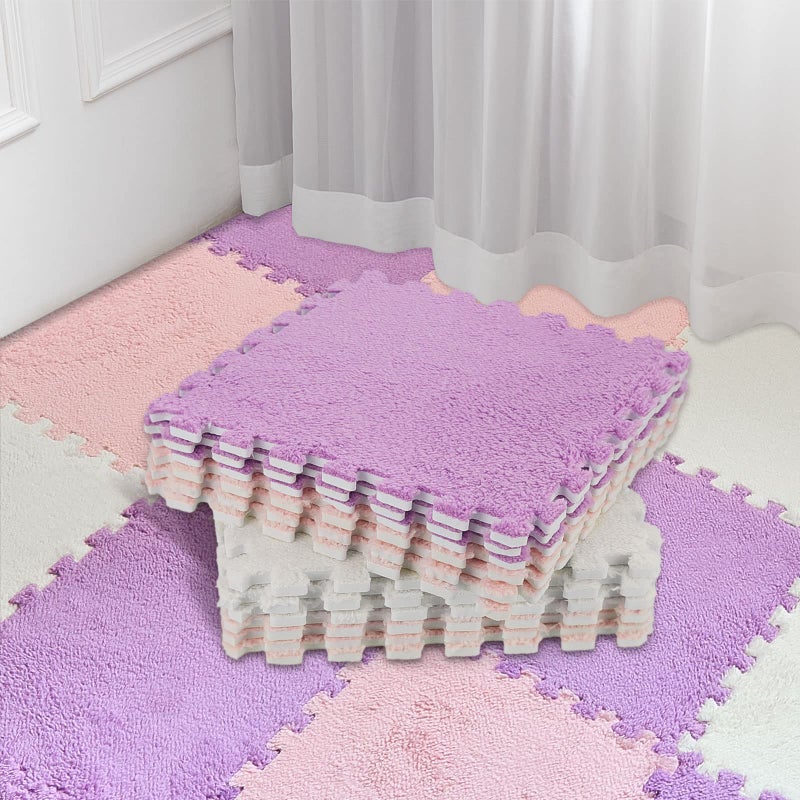 Amylove 18 Pcs Plush Foam Floor Mat Square Interlocking Carpet Tiles with Border Fluffy Play Mat Floor Tiles Soft Climbing Area Rugs for Home Playroom 12 x 12 x 04 inBeige Light Pink Mauve - Image 2