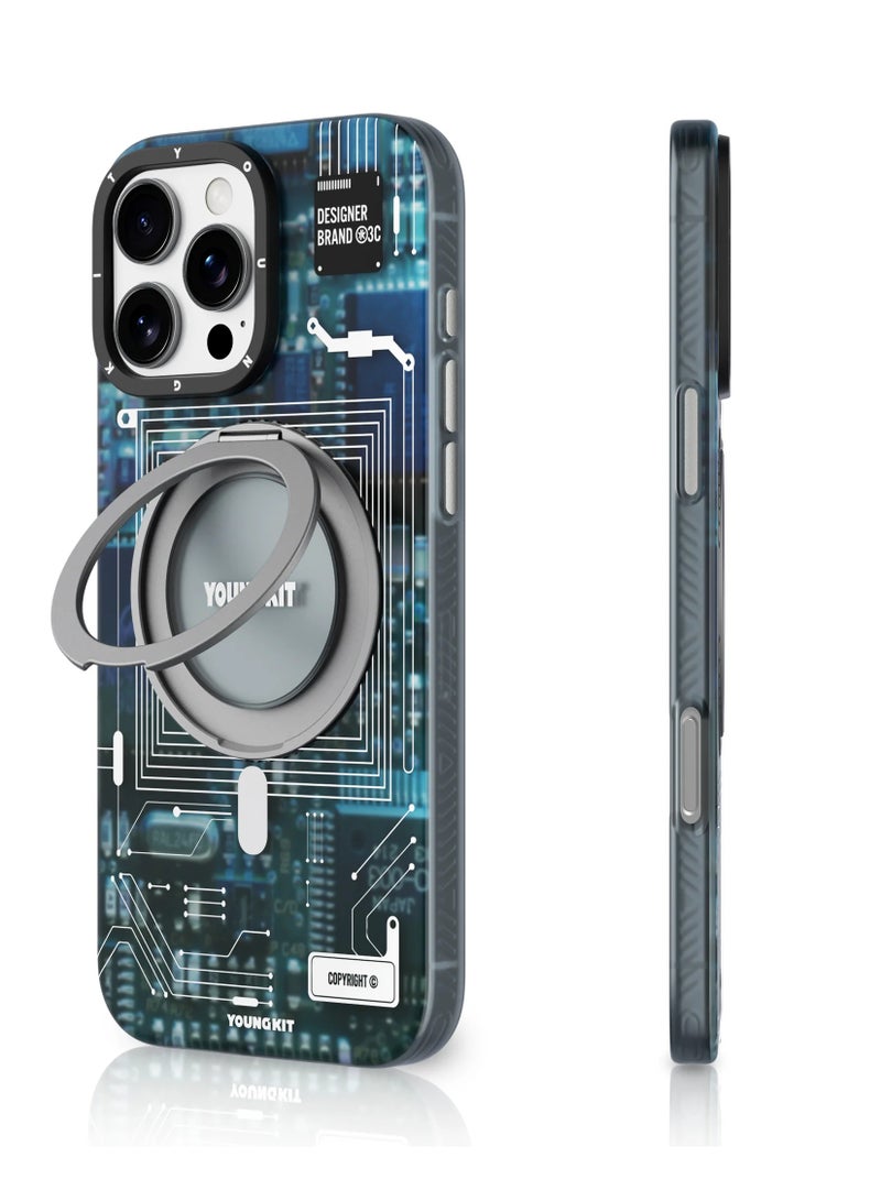 YOUNG KIT Futuristic Circuit Board Design 360° Rotation Ring Stand Case for iPhone 16 Pro Max – Magnetic Kickstand Cyberpunk Style - Image 2