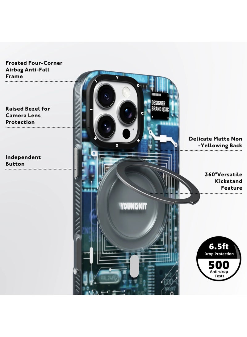 YOUNG KIT Futuristic Circuit Board Design 360° Rotation Ring Stand Case for iPhone 16 Pro Max – Magnetic Kickstand Cyberpunk Style - Image 4