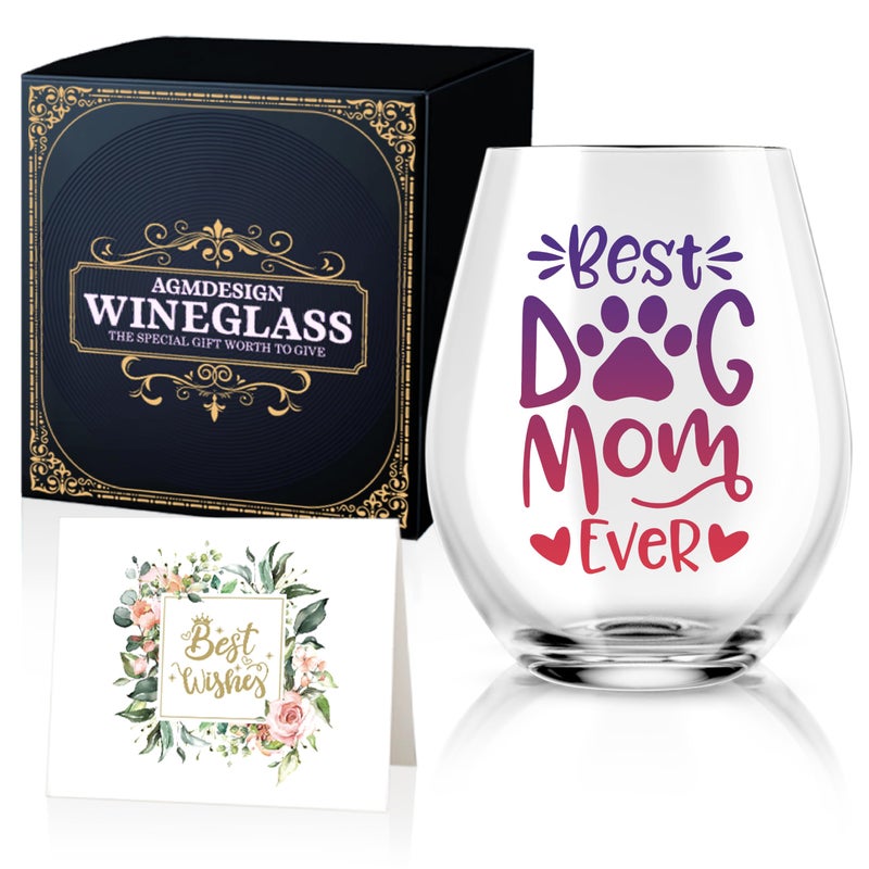 AGMDESIGN Best Dog Mom Ever Funny Stemless Wine Glass Dog Lover Gifts for Dog Dad Dog Mom Women Veterinarian Animal Rescue Vet Tech Perfect for Birthday Valentines