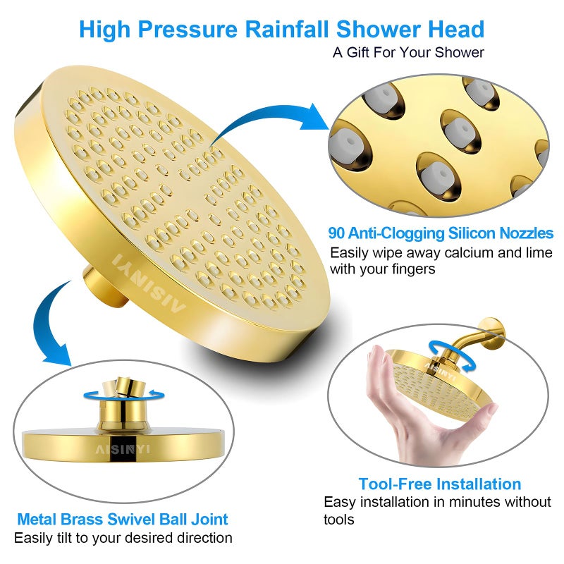 AISINYI High Pressure Rainfall Shower Head, 6 Inches Luxury Modern Showerhead with Perfect Adjustable Replacement, Removable Restrictor, Easy Installation for Your Bathroom Shower Heads (Deluxe Gold) - Image 3