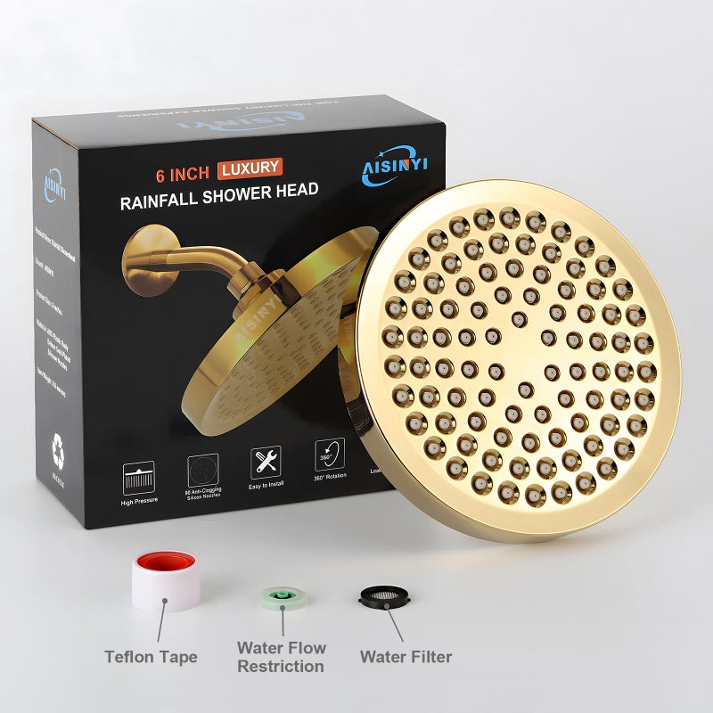 AISINYI High Pressure Rainfall Shower Head, 6 Inches Luxury Modern Showerhead with Perfect Adjustable Replacement, Removable Restrictor, Easy Installation for Your Bathroom Shower Heads (Deluxe Gold) - Image 5