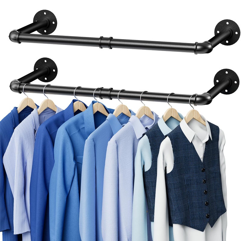 Abiglifty Wall Mounted Clothes Rack 38.4 Inch, 2 Pack Industrial Pipe Clothing Rack, Black Wall Clothing Rack, Multi-Purpose Clothing Hanging Rod for Closet - Image 1