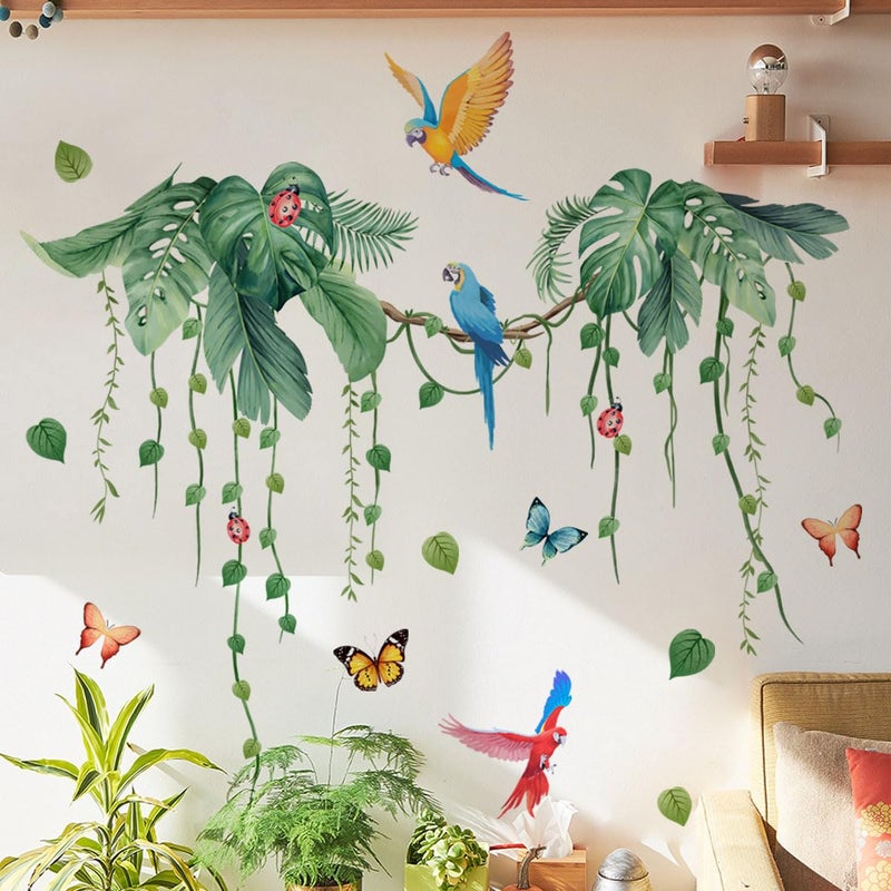 SWORNA 2 Sheets Jungle Wall Decals Peel and Stick Removable Vine Wall Stickers & Murals for Living Room Bedroom Vinyl Jungle Nursery Decor Tropical Wallpaper Green Plants Leaves Wall Decals with Parrot Birds - Image 2