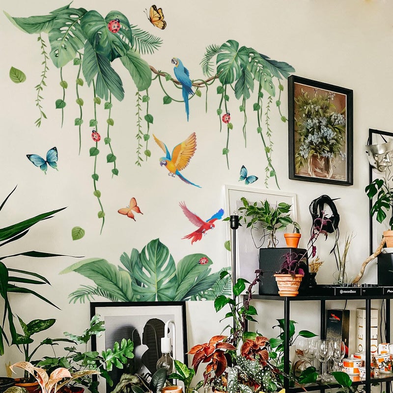 SWORNA 2 Sheets Jungle Wall Decals Peel and Stick Removable Vine Wall Stickers & Murals for Living Room Bedroom Vinyl Jungle Nursery Decor Tropical Wallpaper Green Plants Leaves Wall Decals with Parrot Birds - Image 1