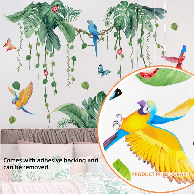 SWORNA 2 Sheets Jungle Wall Decals Peel and Stick Removable Vine Wall Stickers & Murals for Living Room Bedroom Vinyl Jungle Nursery Decor Tropical Wallpaper Green Plants Leaves Wall Decals with Parrot Birds - Image 3