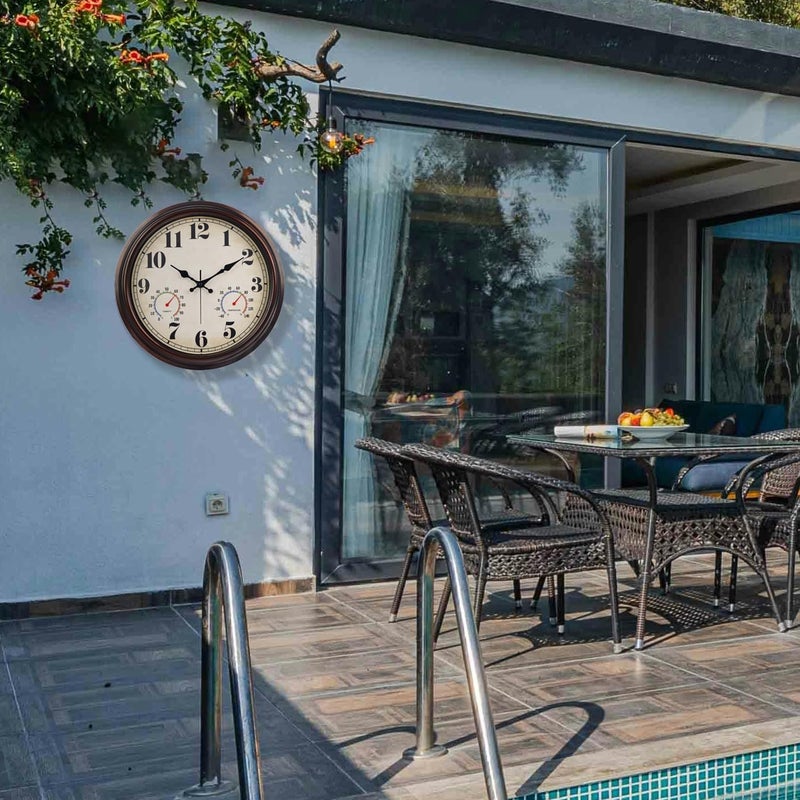 JENLYSTIME 16 Inch Dark Brown Vintage Wall Clock with Thermometer & Hygrometer - Waterproof Decorative Indoor/Outdoor Clock with Large Numerals & Silent Sweep Movement - Ideal for Porch, Garden, Pool - Image 4