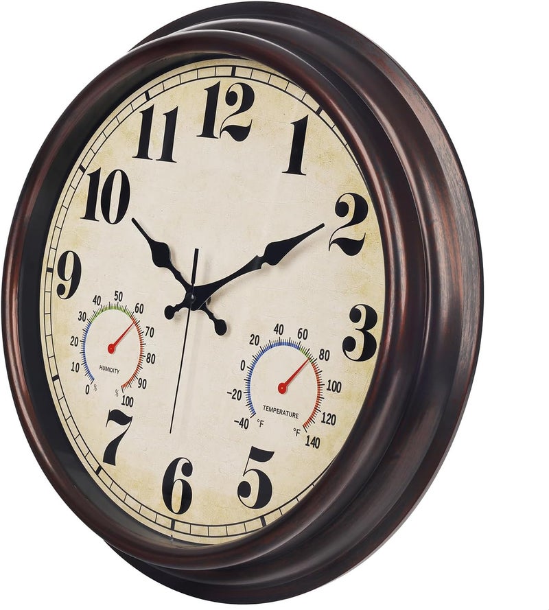JENLYSTIME 16 Inch Dark Brown Vintage Wall Clock with Thermometer & Hygrometer - Waterproof Decorative Indoor/Outdoor Clock with Large Numerals & Silent Sweep Movement - Ideal for Porch, Garden, Pool - Image 3