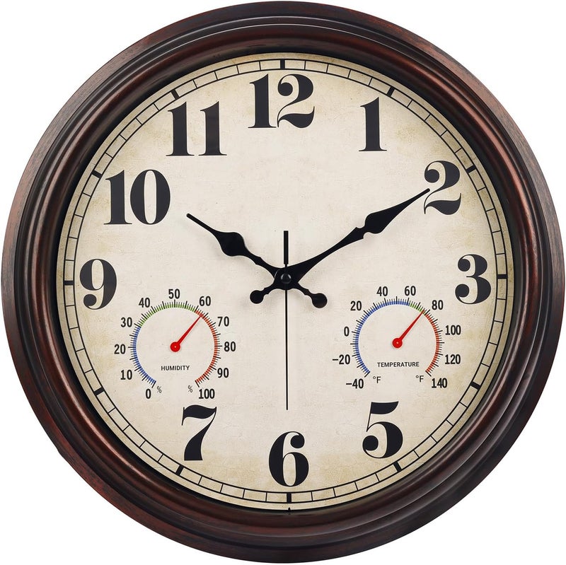 JENLYSTIME 16 Inch Dark Brown Vintage Wall Clock with Thermometer & Hygrometer - Waterproof Decorative Indoor/Outdoor Clock with Large Numerals & Silent Sweep Movement - Ideal for Porch, Garden, Pool - Image 1
