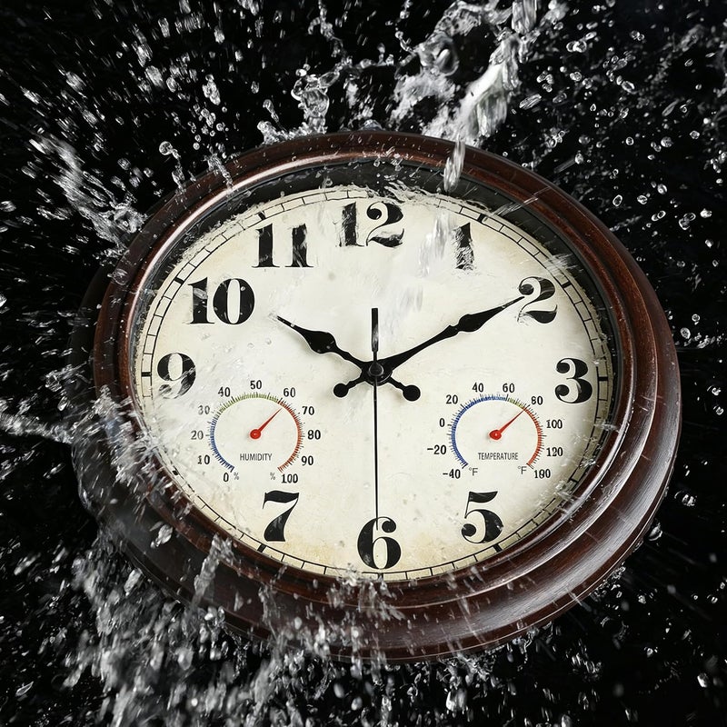 JENLYSTIME 16 Inch Dark Brown Vintage Wall Clock with Thermometer & Hygrometer - Waterproof Decorative Indoor/Outdoor Clock with Large Numerals & Silent Sweep Movement - Ideal for Porch, Garden, Pool - Image 2