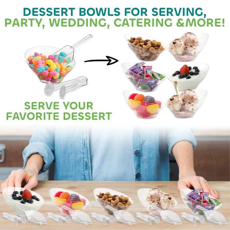 JoyServe 6 oz Clear Plastic Dessert Bowls (16 Pcs) with (8) Scoops and (8) Tongs, Angled Hard Disposable Ice Cream Bar Cups and Candy Buffet Containers Set for Serving Food, Appetizers, Buffets, Party Supplies - Image 4
