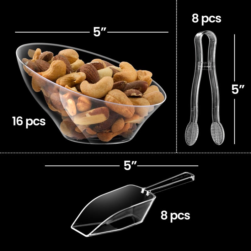 JoyServe 6 oz Clear Plastic Dessert Bowls (16 Pcs) with (8) Scoops and (8) Tongs, Angled Hard Disposable Ice Cream Bar Cups and Candy Buffet Containers Set for Serving Food, Appetizers, Buffets, Party Supplies - Image 2