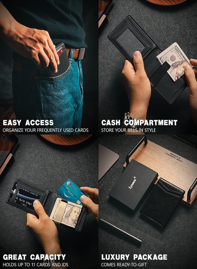 Lynacz Original Classic Men's Wallet Slim Design with 12 Card Slots ID Window Money Clip PU Leather Bifold Small and Thin Great Gift for Dad Husband Boyfriend on Birthday or Christmas Black - Image 2