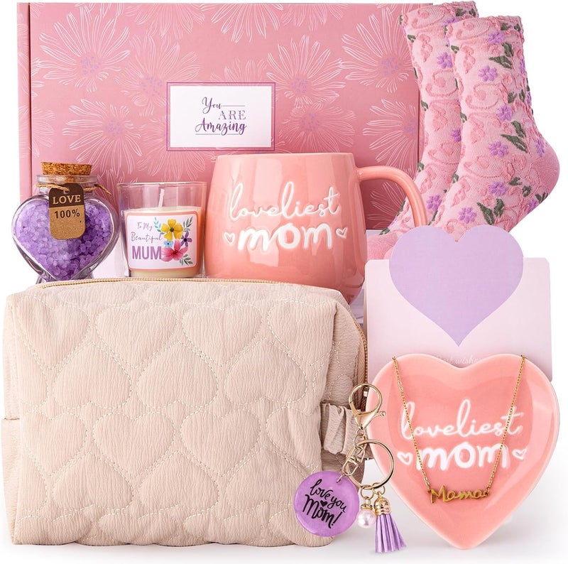 ALBISS Gifts for Mom, 10Pcs Mom Gifts Set with 14oz Glazed Loveliest Mom Mug， Heart-Shaped Jewelry Tray，Scented Candles，Bath Salts，Makeup Bag and More- Mother's Day Birthday Gift for Mother from Daughter，Son - Image 1