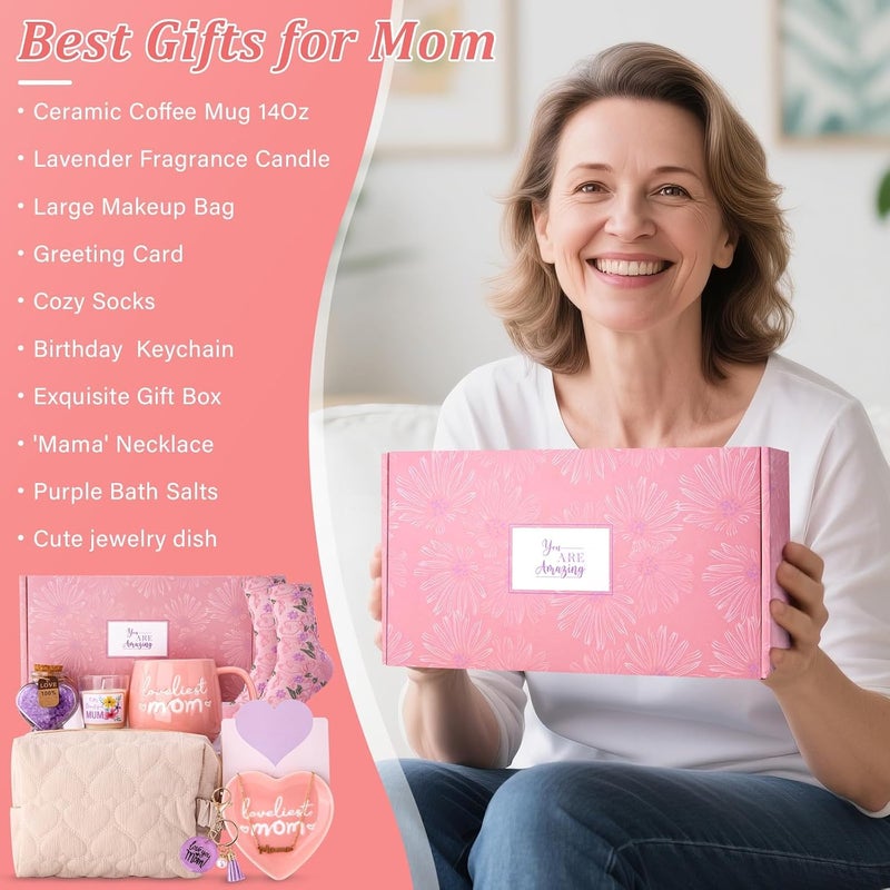 ALBISS Gifts for Mom, 10Pcs Mom Gifts Set with 14oz Glazed Loveliest Mom Mug， Heart-Shaped Jewelry Tray，Scented Candles，Bath Salts，Makeup Bag and More- Mother's Day Birthday Gift for Mother from Daughter，Son - Image 2