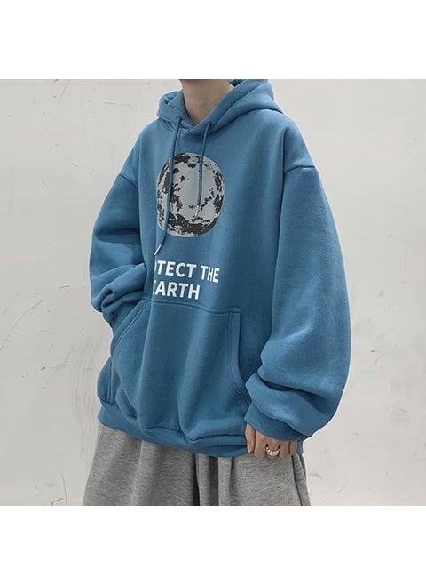 2024 Spring Autumn Thick Moon Print Hoodie Unisex Casual Korean Loose Trendy Jacket fog blue