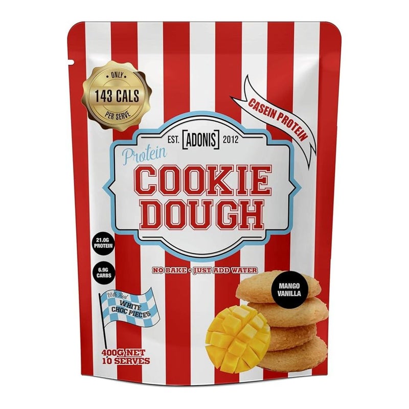 آدونیس عجينة كوكيز البروتين، مانجو فانيليا، بروتين الكازين الممتاز، منخفض الكربوهيدرات، وجبة خفيفة غنية بالبروتين مع قطع شوكولاتة حقيقية، 400 غرام