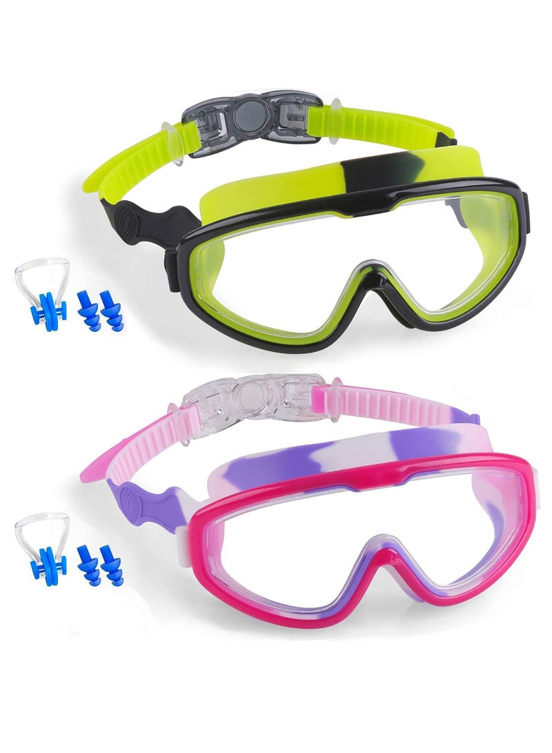 Excefore Kids Swim Goggles, 2 Pcs Kids Goggles for Swimming Age 3-15, Swim Goggles with Nose Cover No Leaking Anti-Fog Waterproof (Green+Purple) - Image 1