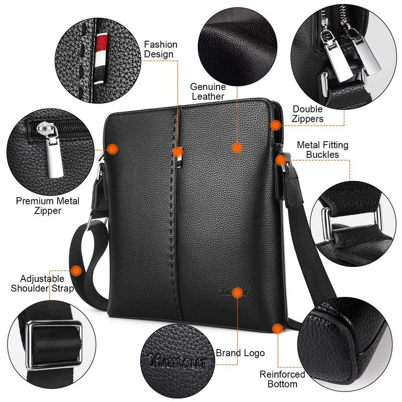 YumSur Mens Shoulder Bag, Leather Messenger Handbag Crossbody Bag for Men Purse iPad Bag for Business Office Work School with Adjustable Strap Black - Image 4