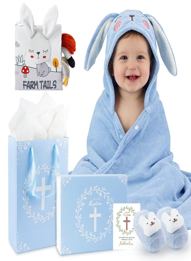 GiftAmaz Baptism Gifts Set for Boys, Christening Dedication Gifts with Hooded Baby Towel, Sensory Cloth Book & Socks, Catholic Baptism Gift Basket for Newborn Baby, Infant, Godparents - Image 1