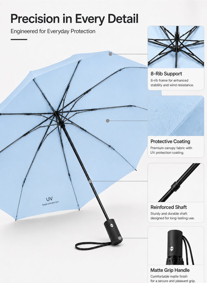 umbrella UPF 50+ UV Protection Umbrella, Automatic Open Close Compact Folding Travel Umbrella, 8-Rib Wind-Resistant Rain & Sun Umbrella, 97 cm, Light Blue - Image 3