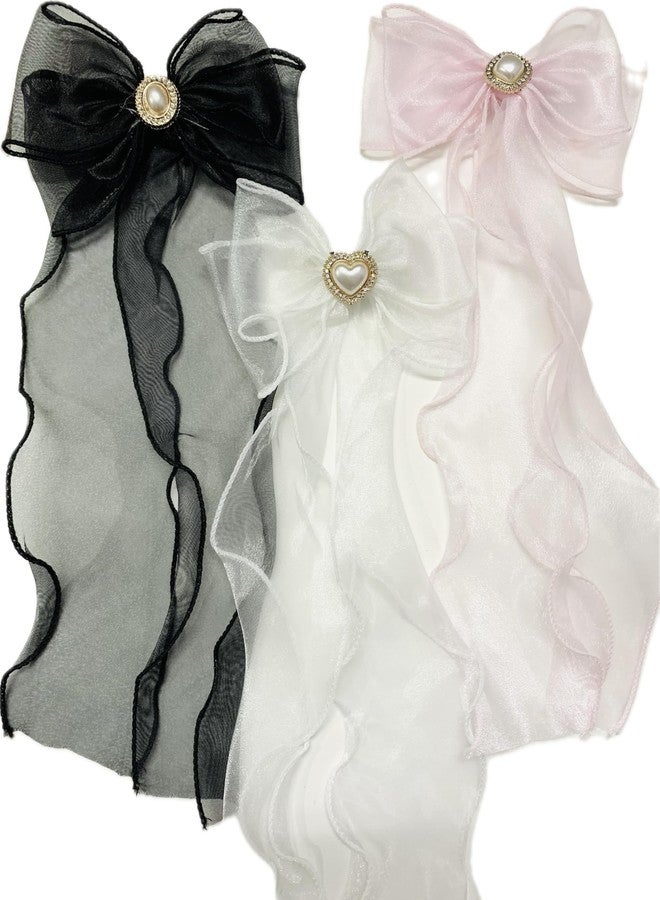 Set of 2 Long Tail Hair Bows with Barrette Clip | Satin & Shining Ribbon Hair Accessories | Stylish Combo for Girls & Women | For All Occasion (Type 2) - Image 1