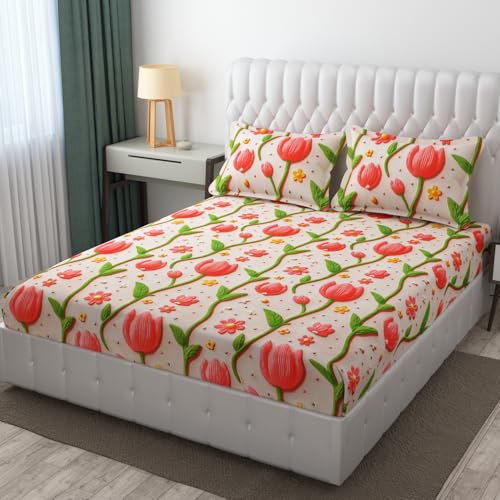 CLOUDTAILNET 220 TC Cotton Feel Glace Cotton Double Bed Sheet Set - 7D Floral Print with 2 Pillow Covers 18x28 King Size Bedsheet for Home Bedroom Vanilla Cream - Image 1