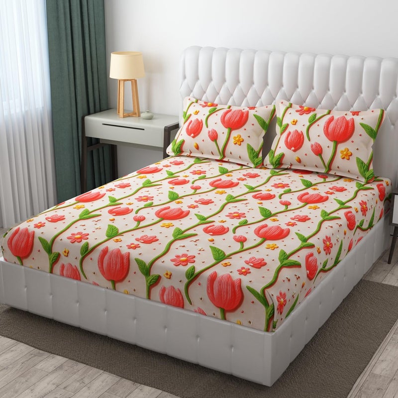 CLOUDTAILNET 220 TC Cotton Feel Glace Cotton Double Bed Sheet Set - 7D Floral Print with 2 Pillow Covers 18x28 King Size Bedsheet for Home Bedroom Vanilla Cream - Image 4